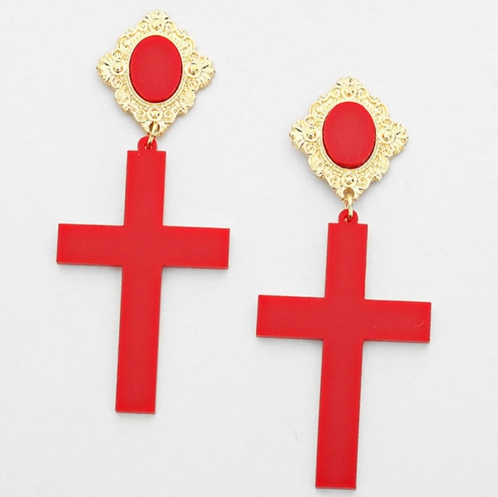 Red and Gold Cross Dangle Earrings 3 Inches Long
